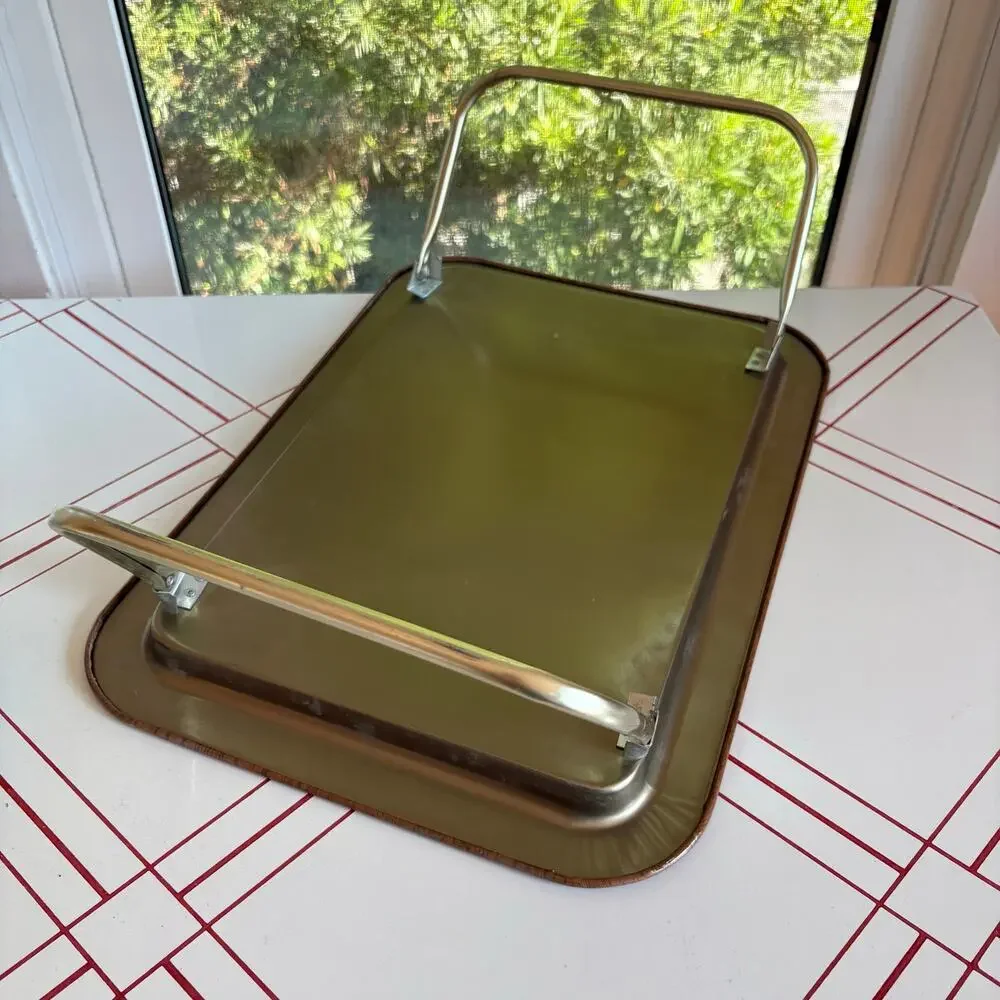 Vintage Faux Bois Metal Folding Lap Tray Gold Tone Legs MCM